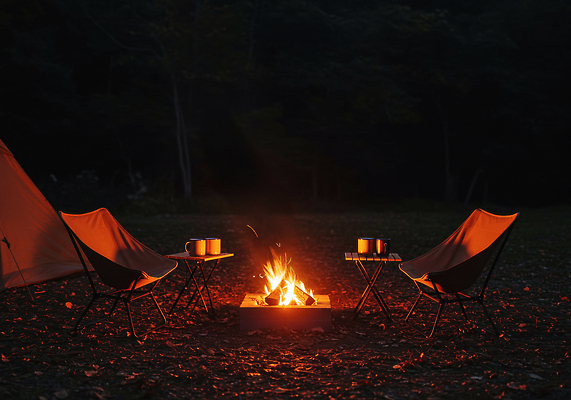 JPG 편집이미지 여유 의자 자연 탁자 휴식 따뜻함 야외 빛 캠핑 밤 숲 모닥불 즐거움 정리 편집실사 AI포토 AI콘텐츠 감정 가구 컨셉 불 레저 견과류 CG 생태계 파일형식