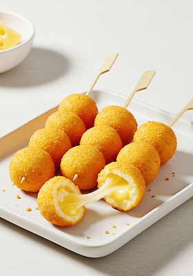 JPG 편집이미지 음식 디저트 요리 노란색 파티 과자 꼬치 크림 즐거움 부드러움 치즈볼 바삭바삭 맛있는 편집실사 AI컴퓨터그래픽 AI콘텐츠 감정 컬러 컨셉 이벤트 감각 CG 파일형식