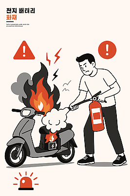 남자 생각 일러스트 경고 안전 스쿠터 긴급 위험 건전지 소방 연습 화재 소화기 진압 화재예방 소방교육 국내일러스트 AI파일 교육 컨셉 모션 사람 오토바이 안전장비 사건 예방 파일형식 벡터