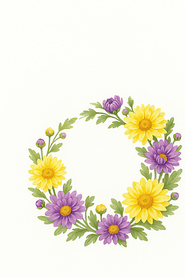 JPG 식물 디자인 꽃 컬러 꽃다발 일러스트 자연 장식 노란색 보라색 화환 원형 배열 그림 원예 화사함 지역 조화 뷰티풀 생동감 국내일러스트 AI일러스트 AI콘텐츠 도형 컨셉 취미 생태계 파일형식