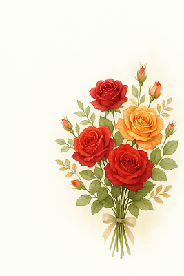 JPG 식물 디자인 꽃잎 컬러 꽃다발 백그라운드 잎 일러스트 자연 빨간색 장미 노란색 공백 우아함 프레젠테이션 조경 조화 뷰티풀 생동감 국내일러스트 AI일러스트 AI콘텐츠 꽃 컨셉 생태계 파일형식