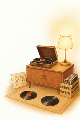 JPG 디자인 음악 거실 일러스트 휴식 조명 따뜻함 인테리어 소리 감상 카페 레코드 음반 빈티지 편안함 주말 감동 감성 습관 플레이어 국내일러스트 AI일러스트 AI콘텐츠 감정 컨셉 문화예술 상점 감각 파일형식