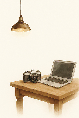 JPG 디자인 일러스트 탁자 조명 기술 생활 노트북 전자제품 인테리어 카메라 환경 촬영 사무 편안함 오브젝트 정리 나무탁자 창의성 하드웨어 국내일러스트 AI일러스트 AI콘텐츠 가구 컴퓨터 업무 감각 파일형식