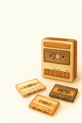 JPG 디자인 음악 일러스트 취미 소리 장비 녹음 카세트테이프 복고 오디오 테이프 정리 재생 아날로그 감성 플레이어 국내일러스트 AI일러스트 AI콘텐츠 컨셉 문화예술 문구용품 전자제품 기록 파일형식