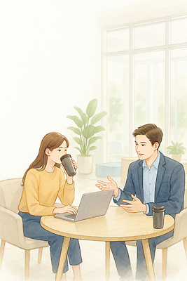 JPG 식물 커피 일러스트 비즈니스 탁자 회의 대화 사람 일상 노트북 스카프 카페 만남 분위기 집중 모던 소통 국내일러스트 AI일러스트 AI콘텐츠 음료 가구 컨셉 말하기 라이프 전자제품 상점 목도리 파일형식