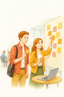 JPG 디자인 일러스트 모션 회의 협력 아이디어 대화 캐주얼 빨간색 사무실 노란색 집중 모던 포스트잇 정리 창의성 브레인스토밍 국내일러스트 AI일러스트 AI콘텐츠 카드프레임 옷 컬러 컨셉 비즈니스 프레임 말하기 메모지 파일형식