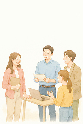 JPG 직업 여자 남자 종이 상의 일러스트 회의 협력 대화 웃음 캐주얼 노트북 사무실 자료 발표 프레젠테이션 국내일러스트 AI일러스트 AI콘텐츠 옷 비즈니스 표정 말하기 사람 전자제품 파일형식