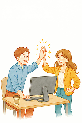 JPG 여자 남자 일러스트 성공 협력 직장 웃음 친구 컴퓨터 사무실 기쁨 업무 작업 동료 즐거움 화합 하이파이브 소통 긍정적 국내일러스트 AI일러스트 AI콘텐츠 감정 컨셉 회사 비즈니스 관계 표정 사람 손짓 전자제품 파일형식