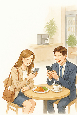 JPG 커플 행복 음료 음식 일러스트 탁자 대화 미소 일상 친구 스마트폰 카페 시간 편안함 크루아상 즐거움 아메리카노 소통 국내일러스트 AI일러스트 AI콘텐츠 감정 커피 빵 가구 컨셉 관계 표정 말하기 라이프 핸드폰 스마트기기 상점 감각 파일형식