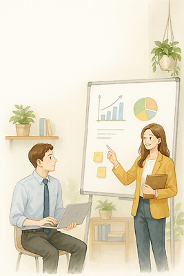 JPG 디자인 여자 남자 일러스트 비즈니스 회의 그래프 협력 아이디어 대화 설명 노트북 사무실 자료 성장 업무 프레젠테이션 소통 서류판 국내일러스트 AI일러스트 AI콘텐츠 컨셉 모션 말하기 사람 전자제품 사무용품 작업 파일형식