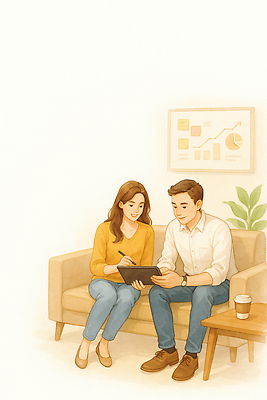 JPG 커플 거실 일러스트 비즈니스 그래프 협력 실험 대화 태블릿 자료 결과 편안함 토론 분석 소통 리서치 마케팅 서류판 국내일러스트 AI일러스트 AI콘텐츠 컨셉 관계 말하기 전자제품 스마트기기 사무용품 감각 파일형식