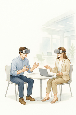 JPG 디자인 여자 남자 일러스트 비즈니스 회의 협력 직장 기술 대화 사람 컴퓨터 사무실 스크린 모던 혁명 의사소통 가상현실 상호작용 국내일러스트 AI일러스트 AI콘텐츠 컨셉 회사 말하기 전자제품 파일형식