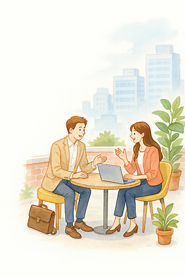 JPG 여자 남자 커피 일러스트 비즈니스 협력 대화 사람 노트북 사무실 카페 만남 도시 계획 모던 소통 전문 피드백 국내일러스트 AI일러스트 AI콘텐츠 음료 컨셉 말하기 전자제품 상점 파일형식