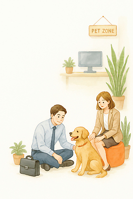 JPG 동물 여자 남자 행복 화분 일러스트 아이디어 직장 대화 사람 반려동물 컴퓨터 사무실 업무 개 편안함 즐거움 소통 친목 상호작용 국내일러스트 AI일러스트 AI콘텐츠 감정 컨셉 회사 비즈니스 포유류 말하기 전자제품 작업 감각 파일형식