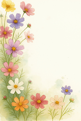 JPG 식물 디자인 꽃 예술 컬러 백그라운드 일러스트 자연 수채화 풍경 봄 표현 그리기 코스모스 손그림 화사함 감성 뷰티풀 국내일러스트 AI일러스트 AI콘텐츠 계절 컨셉 모션 생태계 파일형식