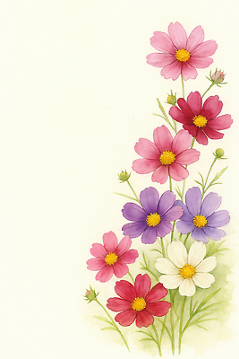 JPG 식물 꽃 화초 예술 분홍색 컬러 꽃다발 일러스트 자연 수채화 빨간색 여름 정원 보라색 흰색 오브젝트 코스모스 원예 화사함 조화 뷰티풀 생동감 국내일러스트 AI일러스트 AI콘텐츠 계절 컨셉 취미 생태계 파일형식