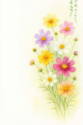 JPG 식물 계절 꽃 화초 컬러 일러스트 자연 아침 풍경 소녀 장식 햇빛 들꽃 빈티지 꽃집 코스모스 원예 뷰티풀 생동감 국내일러스트 AI일러스트 AI콘텐츠 주간 여자 어린이 컨셉 취미 태양 상점 생태계 파일형식