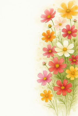 JPG 식물 계절 꽃 여유 컬러 꽃다발 백그라운드 밭 일러스트 자연 생명 여름 정원 들꽃 코스모스 화사함 조화 만개 뷰티풀 국내일러스트 AI일러스트 AI콘텐츠 감정 컨셉 농업 생태계 파일형식