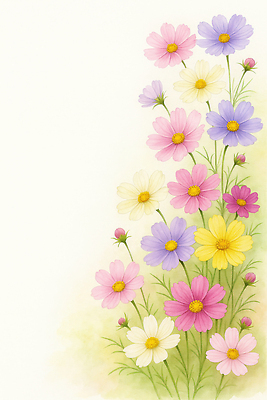 JPG 식물 계절 꽃 컬러 백그라운드 일러스트 자연 하늘 생명 미소 컬러풀 정원 봄 흰색 배열 코스모스 화사함 감성 뷰티풀 차분 국내일러스트 AI일러스트 AI콘텐츠 컨셉 표정 생태계 파일형식