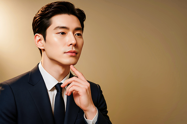 JPG 편집이미지 손 남자 포즈 생각 비즈니스 조명 표정 사람 정장 서재 집중 턱 의료성형뷰티 편집실사 AI인물포토 AI콘텐츠 옷 컨셉 신체부위 CG 파일형식 AI포토