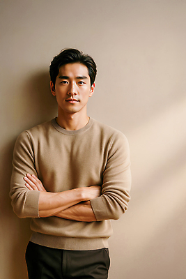 JPG 모델 편집이미지 패션 남자 포즈 스튜디오 조명 사람 카메라 팔짱 자신감 분위기 부드러움 멋 의료성형뷰티 편집실사 AI인물포토 AI콘텐츠 감정 컨셉 모션 전자제품 감각 CG 파일형식 AI포토