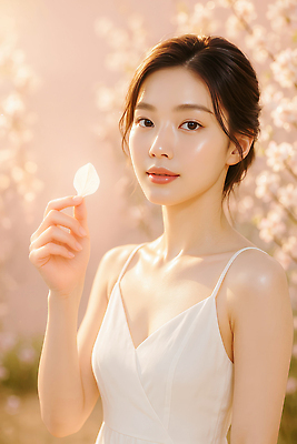 JPG 편집이미지 원피스 여자 꽃잎 꽃 포즈 자연 조명 야외 빛 봄 매력적 벚꽃 피부 화사함 뷰티풀 의료성형뷰티 편집실사 AI인물포토 AI콘텐츠 식물 옷 계절 컨셉 사람 신체부위 CG 생태계 파일형식 AI포토