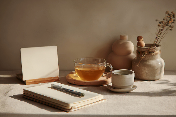 JPG 편집이미지 디자인 탁자 조명 따뜻함 펜 공책 고요 항아리 분위기 차 편안함 오브젝트 편집실사 AI포토 AI콘텐츠 음료 가구 컨셉 문구용품 필기구 도자기 감각 CG 파일형식