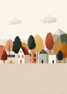 JPG 나무 전통 컬러 일러스트 자연 하늘 산 주택 따뜻함 풍경 생활 평화 마을 환경 가을 전원 시골 클라우드서비스 국내일러스트 AI일러스트 AI콘텐츠 식물 계절 컨셉 건물 전기에너지 서비스 생태계 파일형식