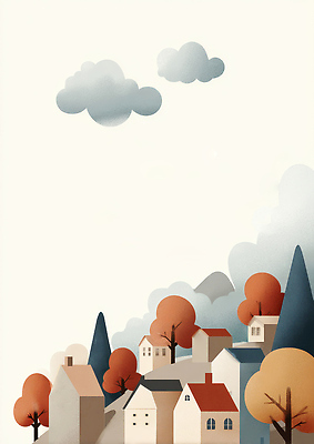 JPG 나무 구름 컬러 백그라운드 일러스트 자연 하늘 주택 풍경 평화 마을 고요 가을 언덕 조화 국내일러스트 AI일러스트 AI콘텐츠 자연요소 식물 계절 컨셉 건물 생태계 파일형식