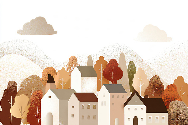 JPG 나무 일러스트 자연 하늘 동화 산 주택 따뜻함 풍경 일상 태양 마을 일출 고요 가을 편안함 조화 색채 풍경화 국내일러스트 AI일러스트 AI콘텐츠 자연요소 식물 계절 건물 라이프 노을 감각 그림 생태계 파일형식