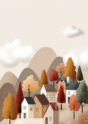JPG 나무 구름 컬러 일러스트 자연 하늘 날씨 산 주택 따뜻함 풍경 일상 마을 고요 가을 농촌 조화 고향 뷰티풀 색감 아기자기 국내일러스트 AI일러스트 AI콘텐츠 자연요소 식물 계절 컨셉 건물 라이프 시골 생태계 파일형식
