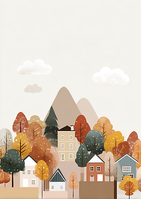 JPG 나무 구름 일러스트 자연 생명 휴식 산 주택 따뜻함 풍경 일상 평화 마을 환경 고요 가을 조화 뷰티풀 색채 풍요 국내일러스트 AI일러스트 AI콘텐츠 자연요소 식물 계절 컨셉 건물 라이프 생태계 파일형식