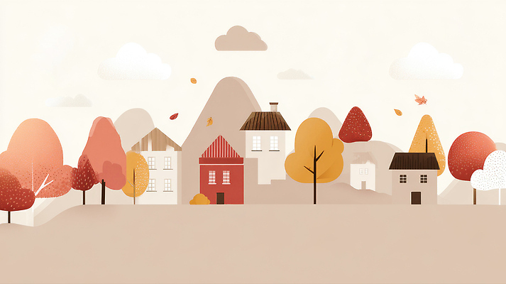 JPG 나무 감정 컬러 일러스트 자연 나뭇잎 산 거리 주택 따뜻함 풍경 평화 고요 가을 그림 조화 뷰티풀 색감 풍요 국내일러스트 AI일러스트 AI콘텐츠 식물 계절 컨셉 잎 건물 생태계 파일형식