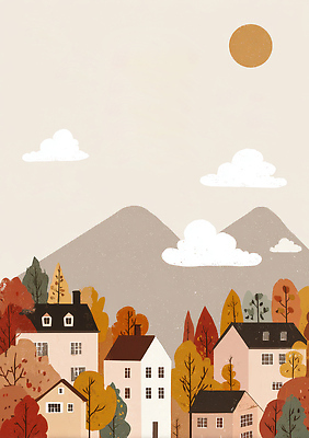 JPG 나무 구름 컬러 일러스트 가족 자연 하늘 산 주택 따뜻함 풍경 일상 햇빛 평화 마을 고요 가을 외출 그림 조용 뷰티풀 국내일러스트 AI일러스트 AI콘텐츠 자연요소 식물 계절 컨셉 관계 건물 라이프 태양 생태계 파일형식