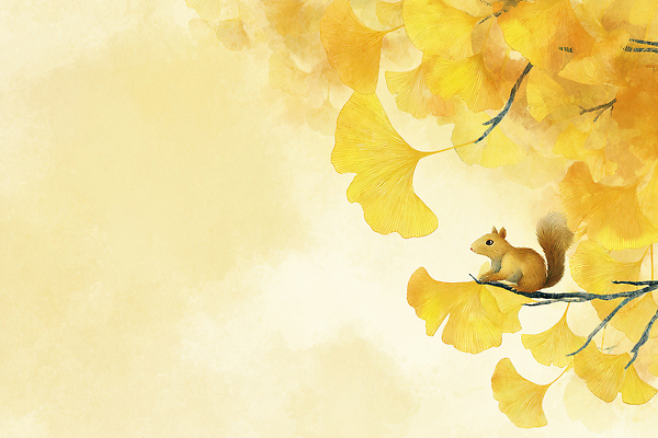 JPG 식물 동물 백그라운드 잎 곡선 일러스트 자연 생명 노란색 평화 귀여움 가을 나뭇가지 숲 다람쥐 은행나무 조화 생동감 국내일러스트 AI일러스트 AI콘텐츠 나무 계절 선 컬러 컨셉 설치류 생태계 파일형식