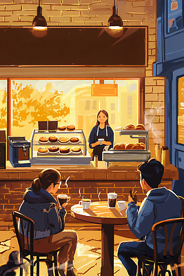 JPG 행복 커피 음료 빵 백그라운드 의자 일러스트 탁자 아침 디저트 따뜻함 대화 일상 고요 카페 편안함 먹기 고객 창가 직원 브런치 국내일러스트 AI일러스트 AI콘텐츠 주간 감정 음식 가구 창문 모션 말하기 라이프 상점 식사 감각 파일형식