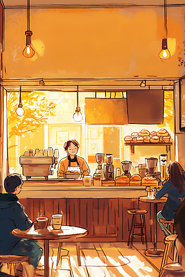 JPG 커피 음료 의자 일러스트 탁자 따뜻함 대화 여러명 햇빛 과자 카페 대기 시간 분위기 편안함 고객 바리스타 교류 카페인 국내일러스트 AI일러스트 AI콘텐츠 직업 가구 다수 컨셉 디저트 말하기 사람 태양 상점 감각 파일형식