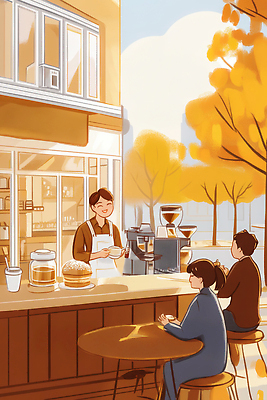 JPG 나무 행복 커피 음료 음식 일러스트 따뜻함 대화 풍경 일상 친구 카페 금색 발코니 햄버거 가을 고객 직원 즐거움 상호작용 국내일러스트 AI일러스트 AI콘텐츠 식물 계절 감정 컬러 관계 패스트푸드 말하기 라이프 상점 파일형식