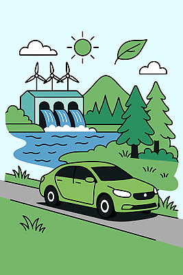 나무 도로 일러스트 자동차 자연 하늘 산 기술 풍경 잔디 초록색 강 햇빛 자연보호 에너지 생태 친환경 풍력기 주행 기후변화 국내일러스트 AI파일 식물 길 육상교통 컬러 교통시설 날씨 태양 환경 변화 풍력에너지 보호 생태계 파일형식 벡터