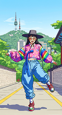 JPG 한국문화 전통 패션 아시아 컬러 여행 일러스트 자연 거리 서울 미소 캐주얼 여름 산책 한복 즐거움 남산타워 국내일러스트 AI일러스트 AI콘텐츠 동양문화 한국전통 옷 계절 감정 나라 휴식 한국 표정 전통의상 생태계 남산 파일형식