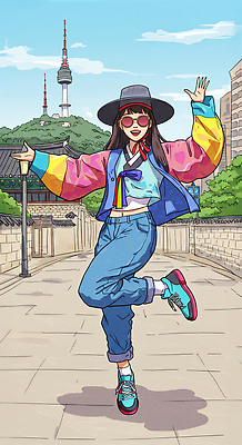 JPG 전통 패션 문화 컬러 여행 포즈 일러스트 모션 거리 서울 한국 웃음 친구 자전거 활발 한복 셀프카메라 남산타워 뷰티풀 국내일러스트 AI일러스트 AI콘텐츠 한국전통 아시아 컨셉 관계 표정 바이크 사진촬영 전통의상 남산 파일형식