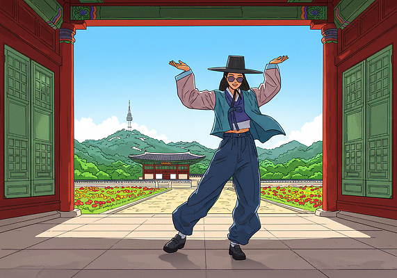 JPG 패션 문화 여행 포즈 일러스트 서울 한국 사람 풍경 일상 여름 활발 대청 역사 전통의상 한복 조선시대 경복궁 남산타워 경관 국내일러스트 AI일러스트 AI콘텐츠 한국전통 전통 계절 아시아 컨셉 한옥 라이프 궁전 남산 파일형식