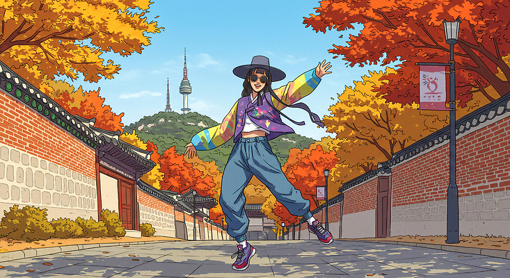 JPG 모자 여자 패션 행복 문화 안경 단풍 일러스트 모션 자연 거리 한옥 서울 캐주얼 햇빛 가을 청바지 춤 즐거움 국내일러스트 AI일러스트 AI콘텐츠 한국전통 잡화 옷 계절 감정 고건축 잎 바지 문화예술 한국 사람 태양 생태계 파일형식
