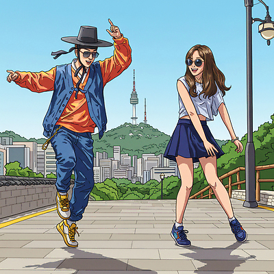 JPG 패션 감정 문화 여행 운동화 일러스트 모션 거리 서울 한국 풍경 야외 여름 친구 햇빛 춤 놀이터 즐거움 활기 남산타워 국내일러스트 AI일러스트 AI콘텐츠 계절 아시아 신발 컨셉 관계 놀이 문화예술 태양 남산 파일형식