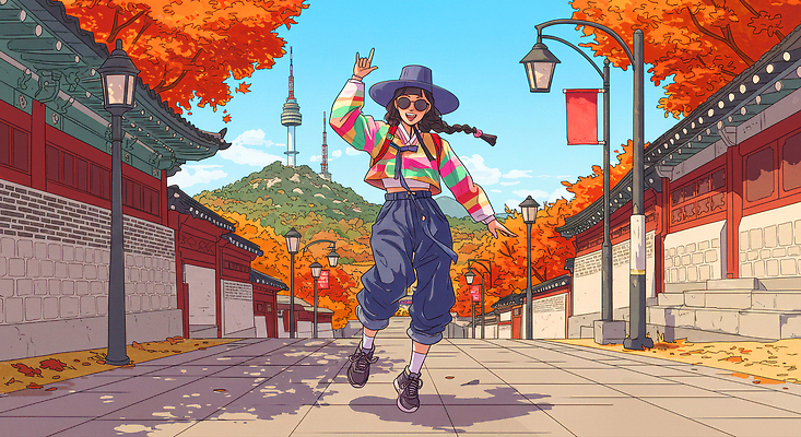 JPG 나무 전통 옷 문화 여행 백그라운드 일러스트 자연 거리 서울 사람 풍경 소녀 건물 선글라스 활발 가을 춤 즐거움 모던 특징 국내일러스트 AI일러스트 AI콘텐츠 식물 건축물 계절 여자 감정 안경 어린이 컨셉 문화예술 한국 생태계 파일형식