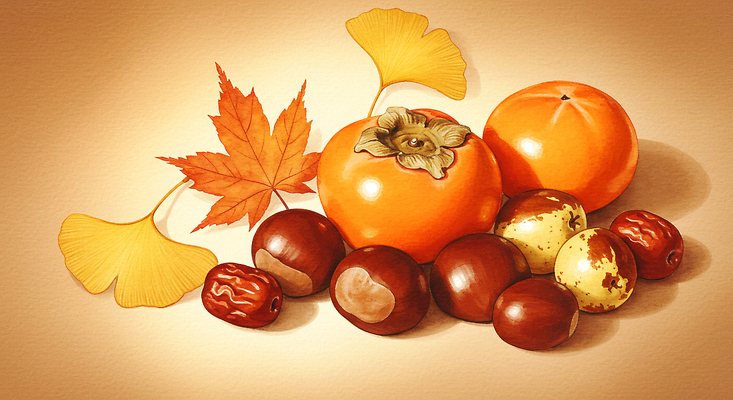 JPG 식물 예술 과일 일러스트 자연 나뭇잎 따뜻함 감 풍경 장식 고요 카페 가을 밤 배열 작품 은행잎 색감 정물화 테마 국내일러스트 AI일러스트 AI콘텐츠 계절 잎 미술 상점 견과류 그림 생태계 파일형식