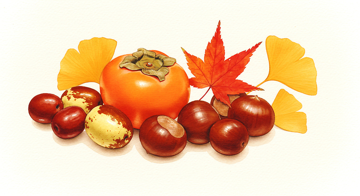 JPG 문양 계절 단풍 패턴 과일 일러스트 자연 생명 감 야외 갈색 금색 가을 밤 은행나무 조화 뷰티풀 색감 풍요 국내일러스트 AI일러스트 AI콘텐츠 나무 컬러 컨셉 잎 무늬 견과류 생태계 파일형식