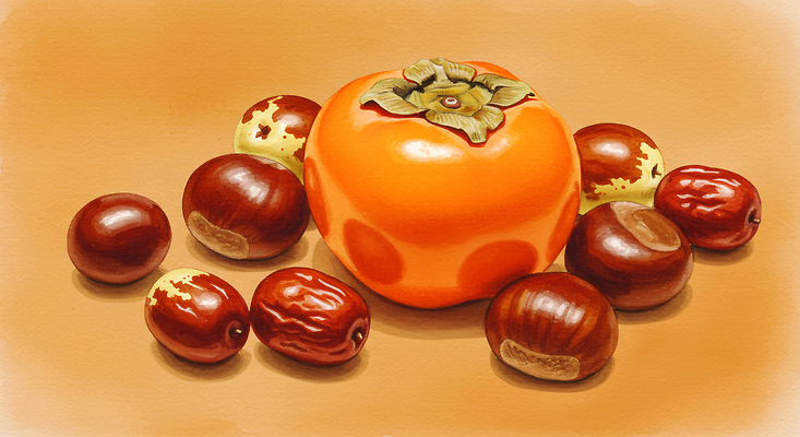 JPG 음식 과일 일러스트 자연 디저트 건강 감 요리 여름 농작물 식사 수확 맛 밤 배열 비타민 조화 색감 제철 국내일러스트 AI일러스트 AI콘텐츠 계절 컨셉 농업 견과류 생태계 영양소 파일형식