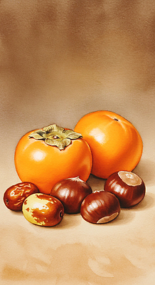 JPG 모양 식물 예술 백그라운드 과일 일러스트 자연 조명 따뜻함 건강 견과류 밤 그림 유기농 조화 홍시 색감 유화 정물화 디테일 국내일러스트 AI일러스트 AI콘텐츠 웰빙 감 미술 생태계 파일형식