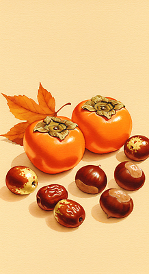 JPG 식물 전통 컬러 과일 일러스트 자연 나뭇잎 한국 감 풍경 갈색 주황색 수확 가을 맛 배열 도토리 감성 정물화 국내일러스트 AI일러스트 AI콘텐츠 계절 아시아 컨셉 잎 농업 견과류 그림 생태계 파일형식